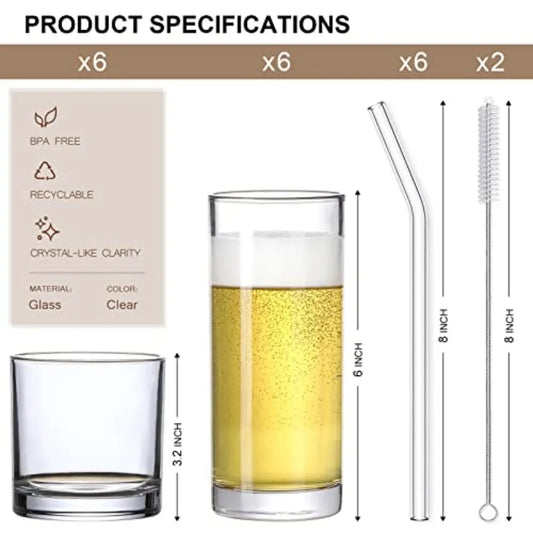 12 Pack Glass Cups with Glass Straws