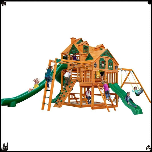Wooden Swing Set with 3 Decks & 3 Slides