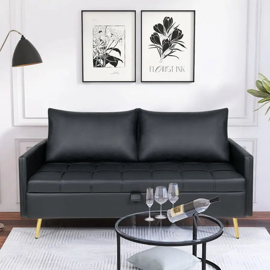 Black Leather Couch with Storage 2 USB Charger