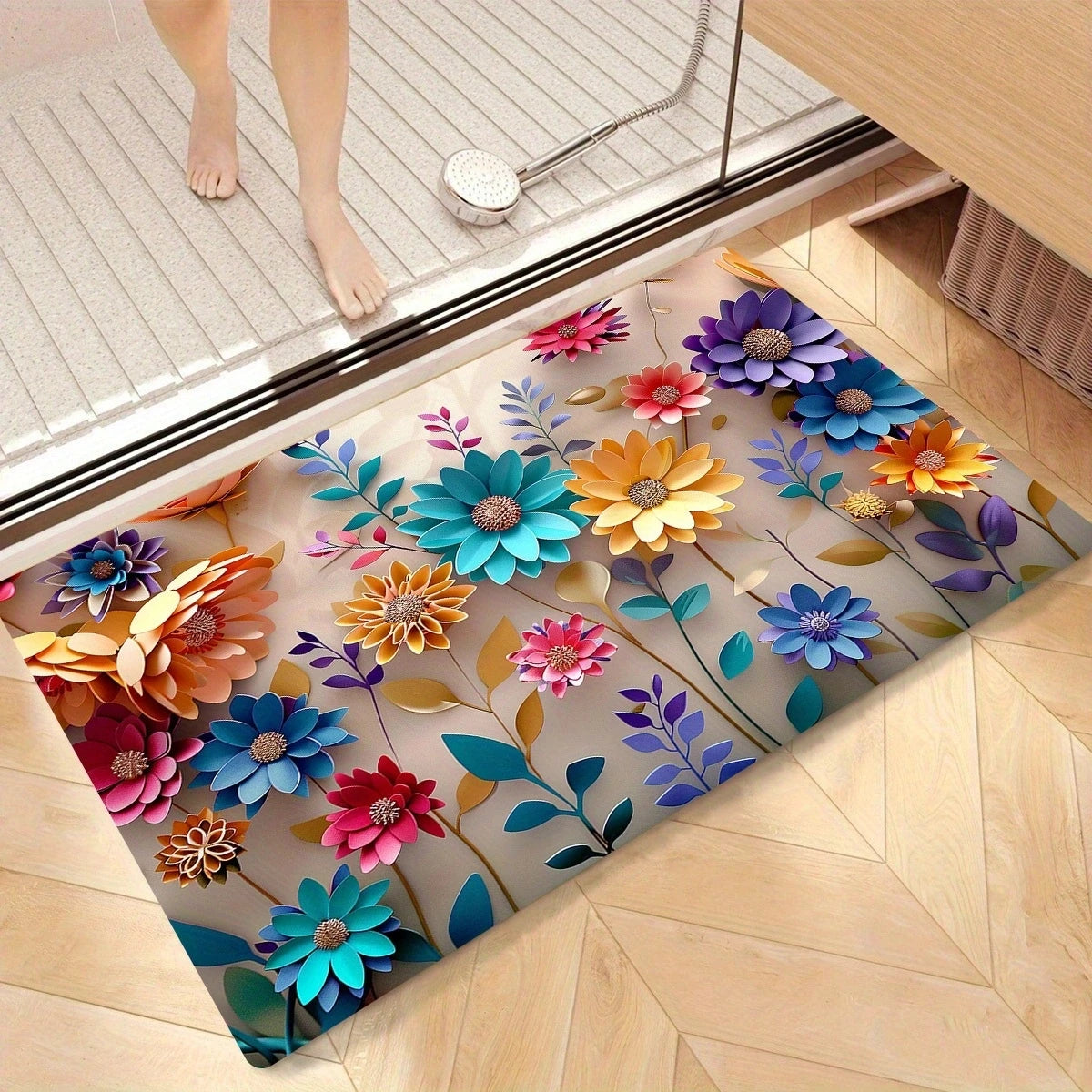 Multi-color floral print design bathroom mat