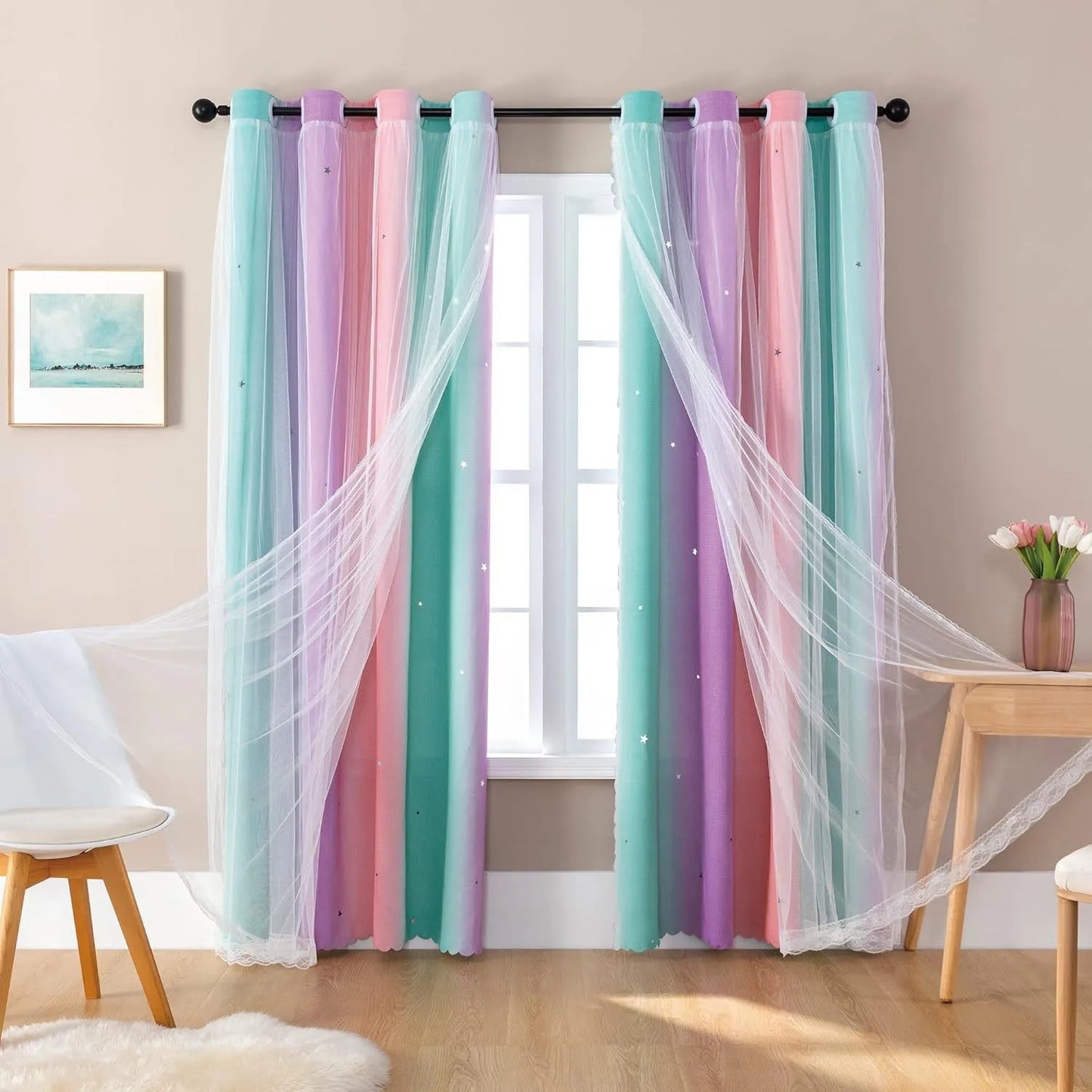 Rainbow Hollow-Out Star Blackout Curtains