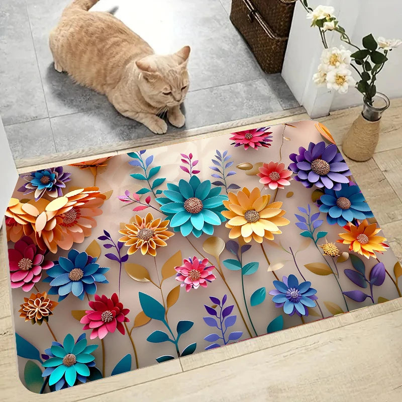 Multi-color floral print design bathroom mat