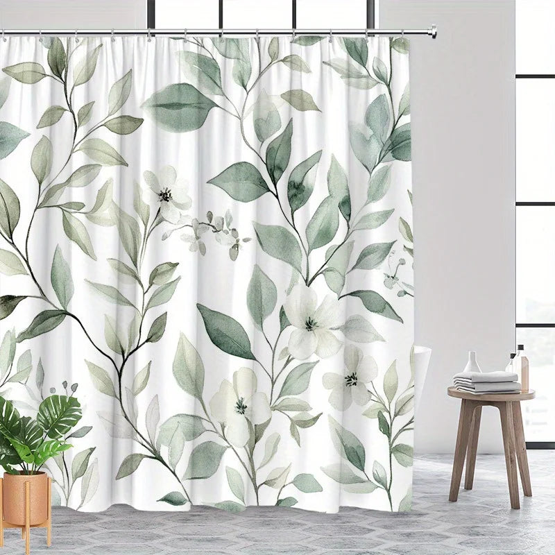 Floral Polyester Bathroom Curtain with Hooks