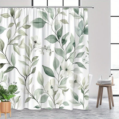 Floral Polyester Bathroom Curtain with Hooks