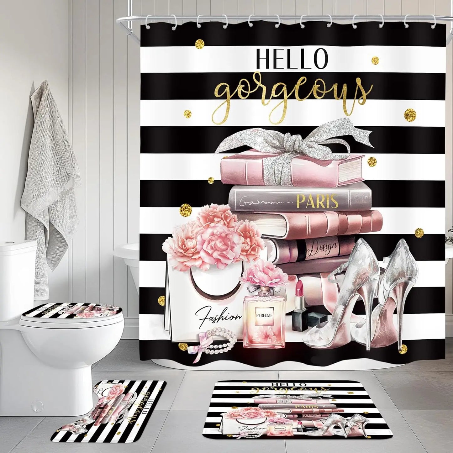 4Pc Pink & Black Girls Bathroom Set