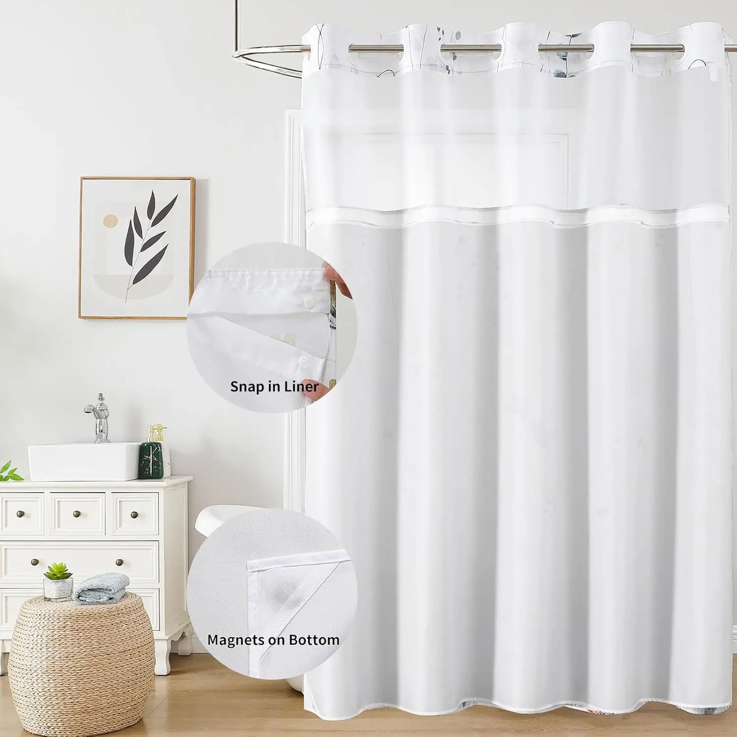 Grey Watercolor Floral Shower Curtain with Snap Liner