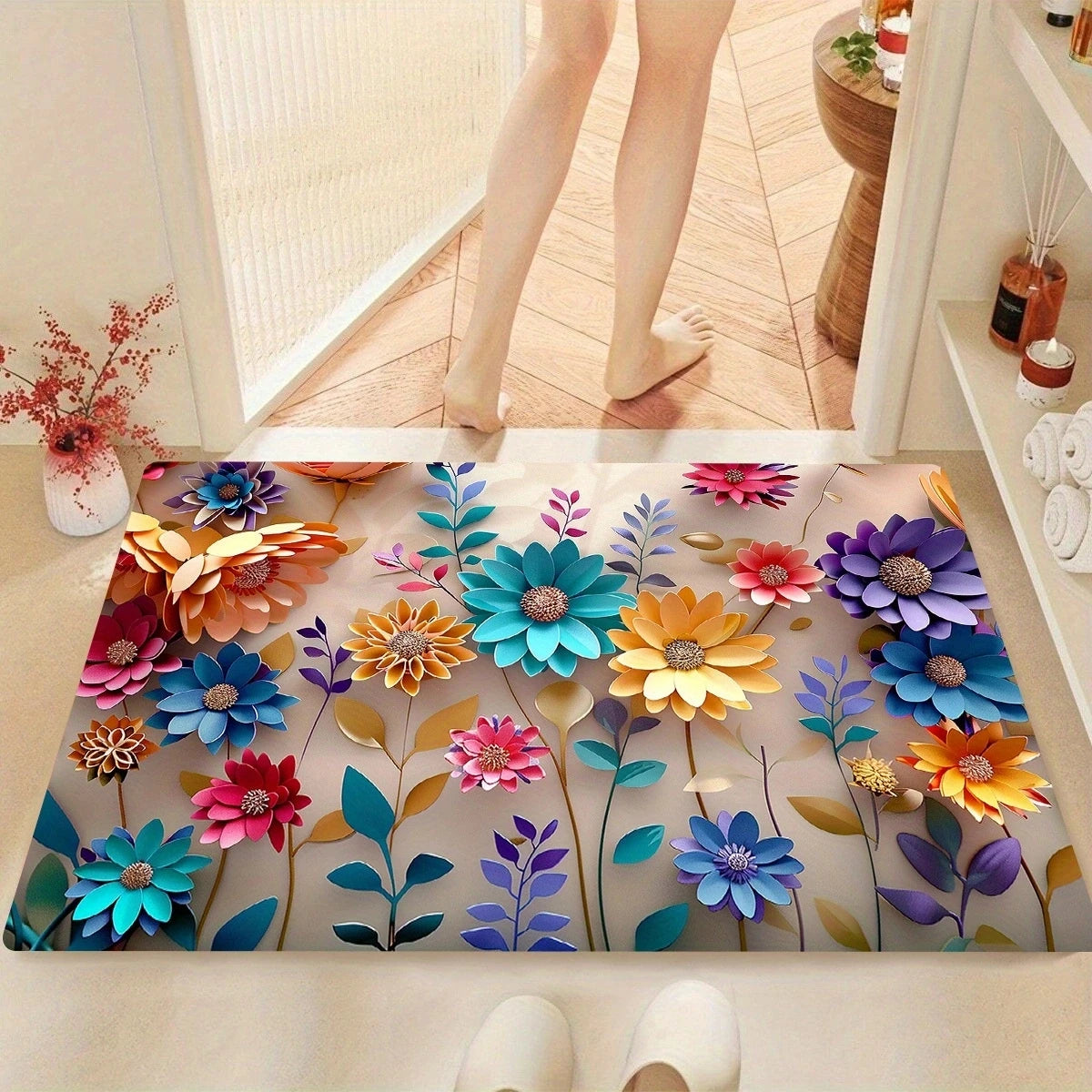 Multi-color floral print design bathroom mat
