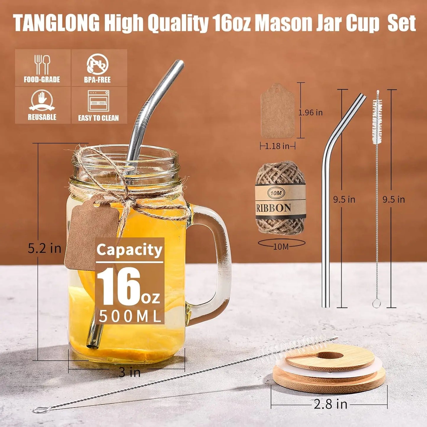 16 oz Mason Jars with Handle and Straws