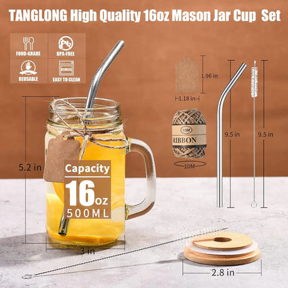 16 oz Mason Jars with Handle and Straws