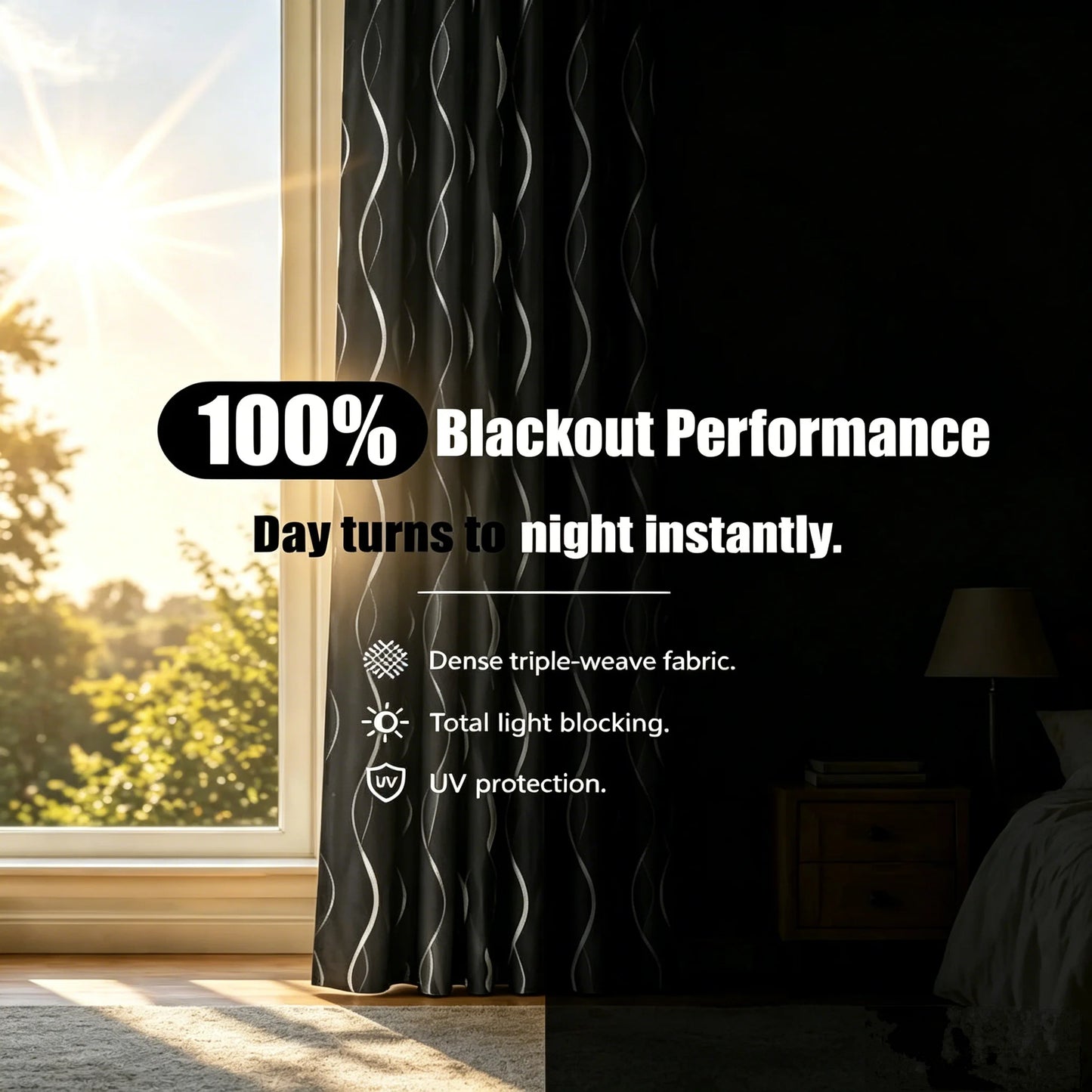 100% Blackout Curtains Silver Wave Foil Pattern