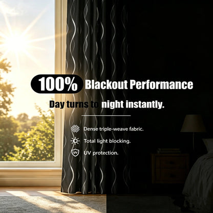 100% Blackout Curtains Silver Wave Foil Pattern