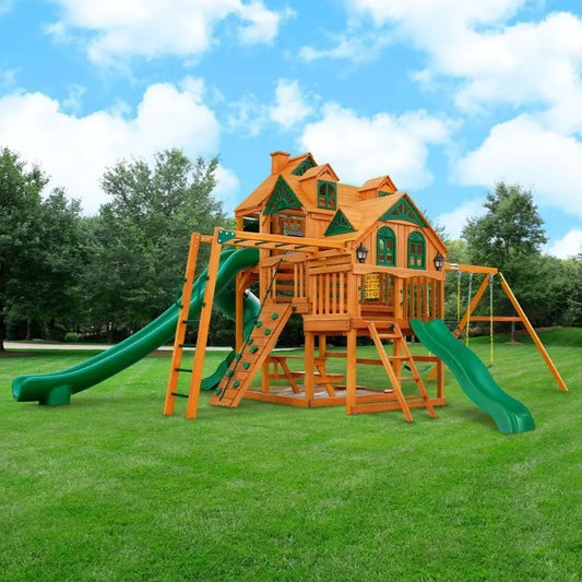 Wooden Swing Set with 3 Decks & 3 Slides