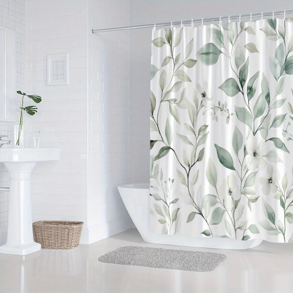 Floral Polyester Bathroom Curtain with Hooks