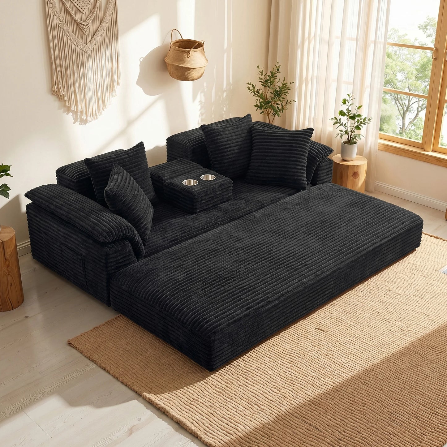 Oversized Black Striped Corduroy Sofa