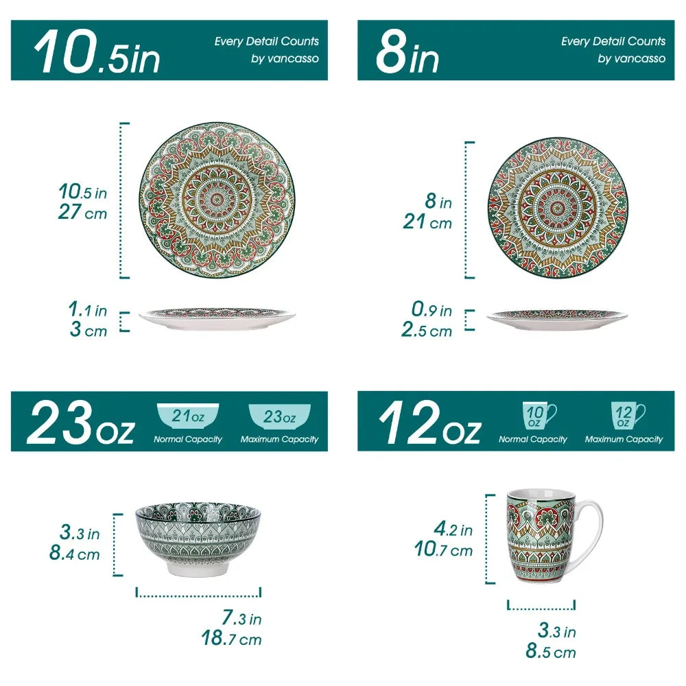 16 Pc Bohemian Mandala Patterned Ceramic Tableware Set