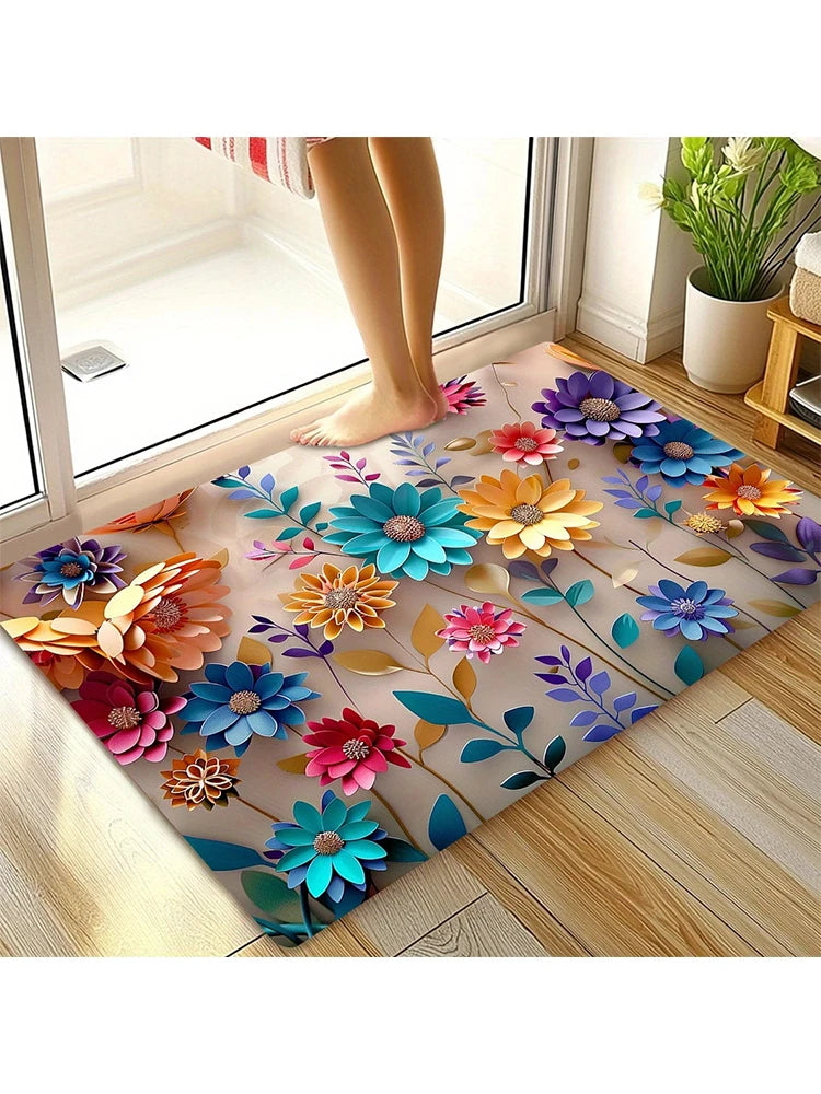 Multi-color floral print design bathroom mat