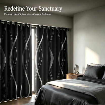 100% Blackout Curtains Silver Wave Foil Pattern