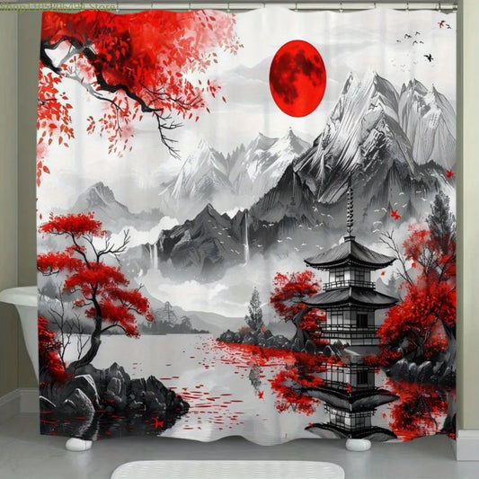 Japanese-Inspired Cherry Blossom & Mountain Landscape Shower Curtain