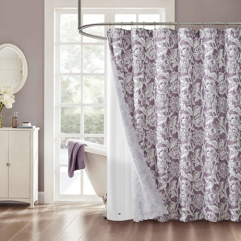 Purple Floral Shower Curtain Set