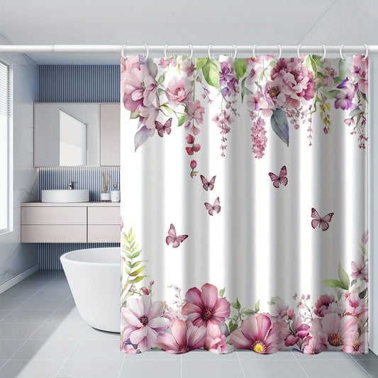 1pc butterfly pink floral print shower curtain,
