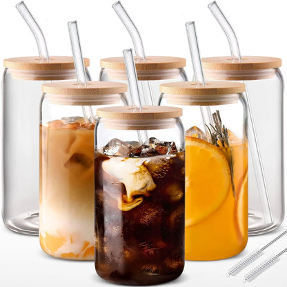 6pcs Drinking Glasses with Bamboo Lids and Glass Straw