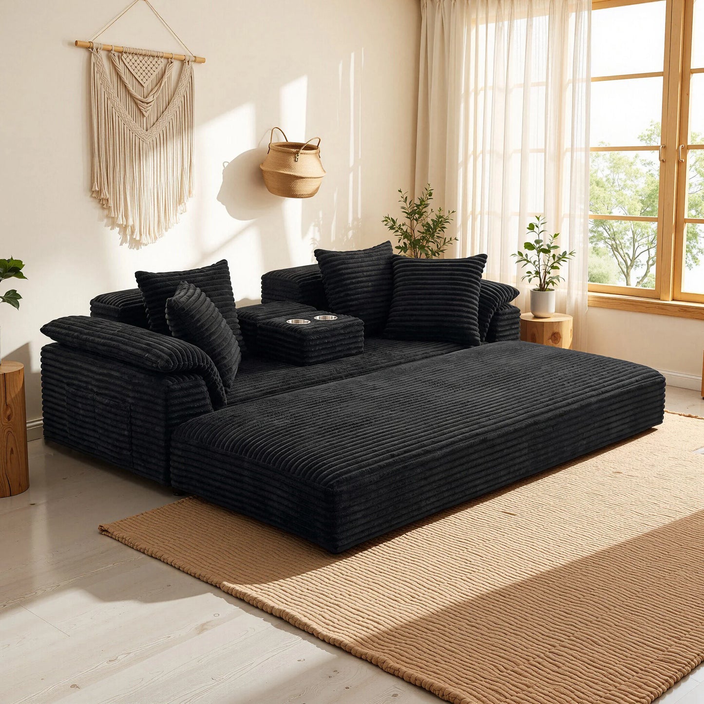 Oversized Black Striped Corduroy Sofa
