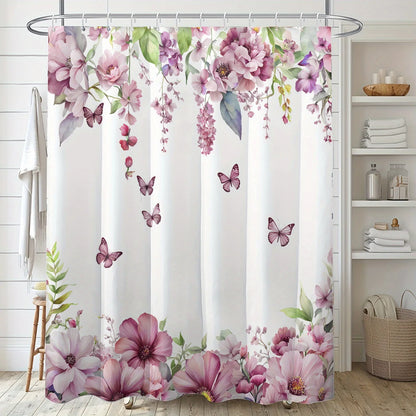1pc butterfly pink floral print shower curtain,