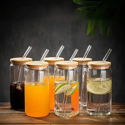 6pcs Drinking Glasses with Bamboo Lids and Glass Straw