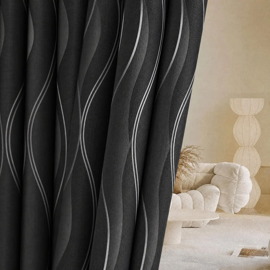 100% Blackout Curtains Silver Wave Foil Pattern