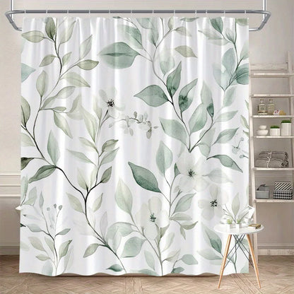 Floral Polyester Bathroom Curtain with Hooks