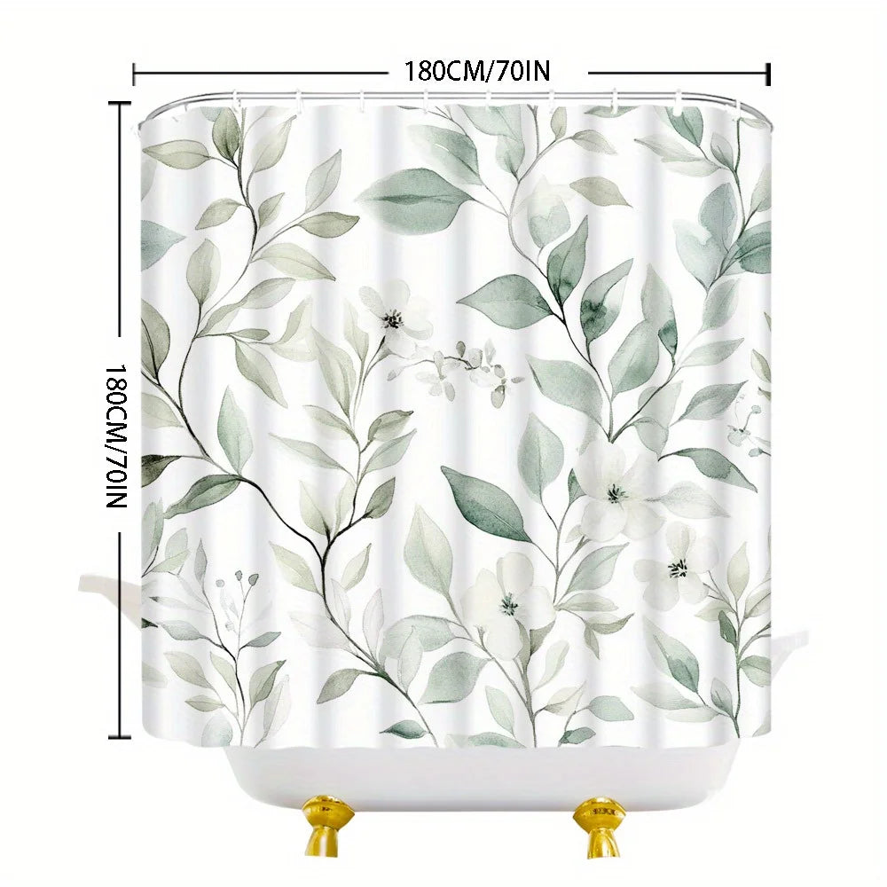 Floral Polyester Bathroom Curtain with Hooks