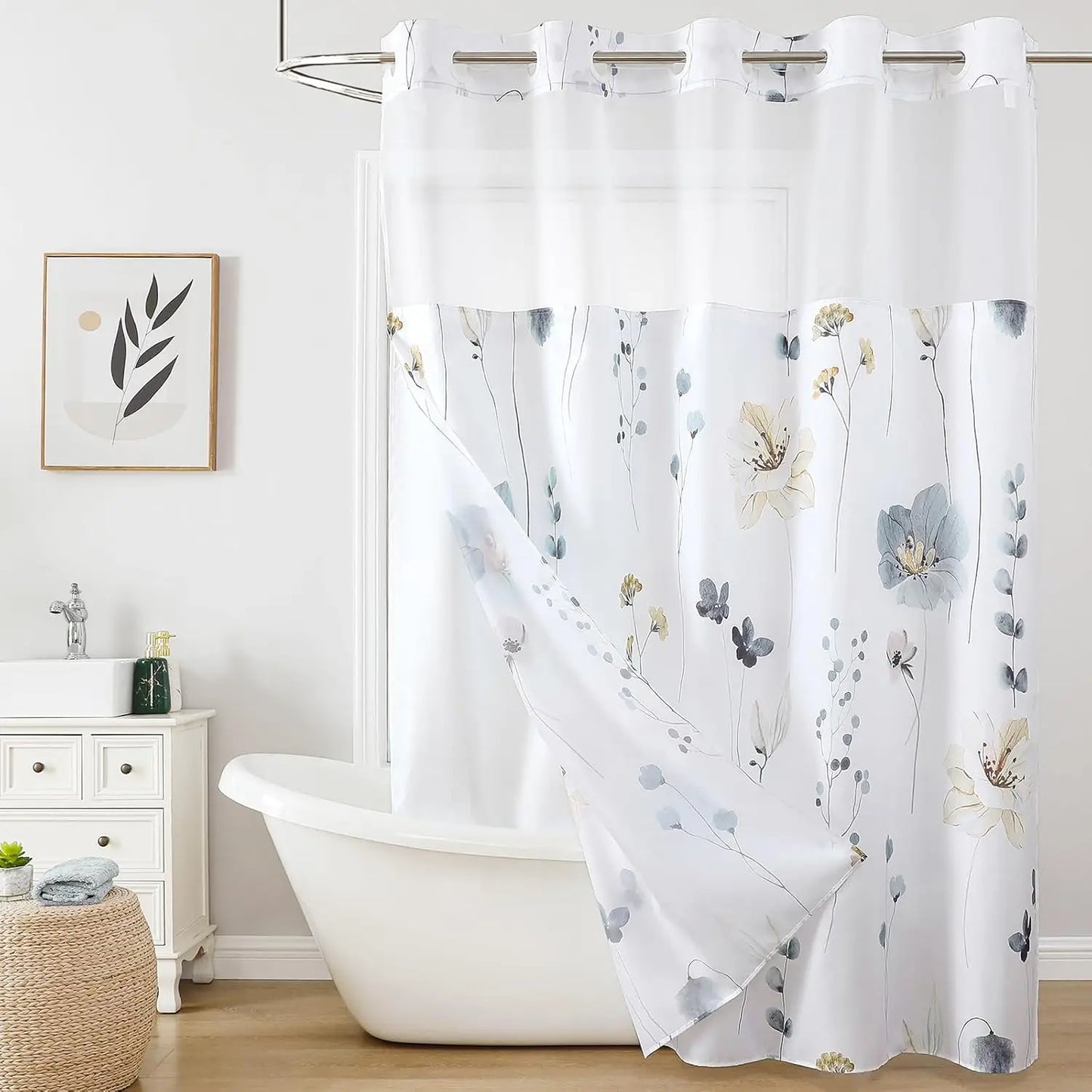 Grey Watercolor Floral Shower Curtain with Snap Liner