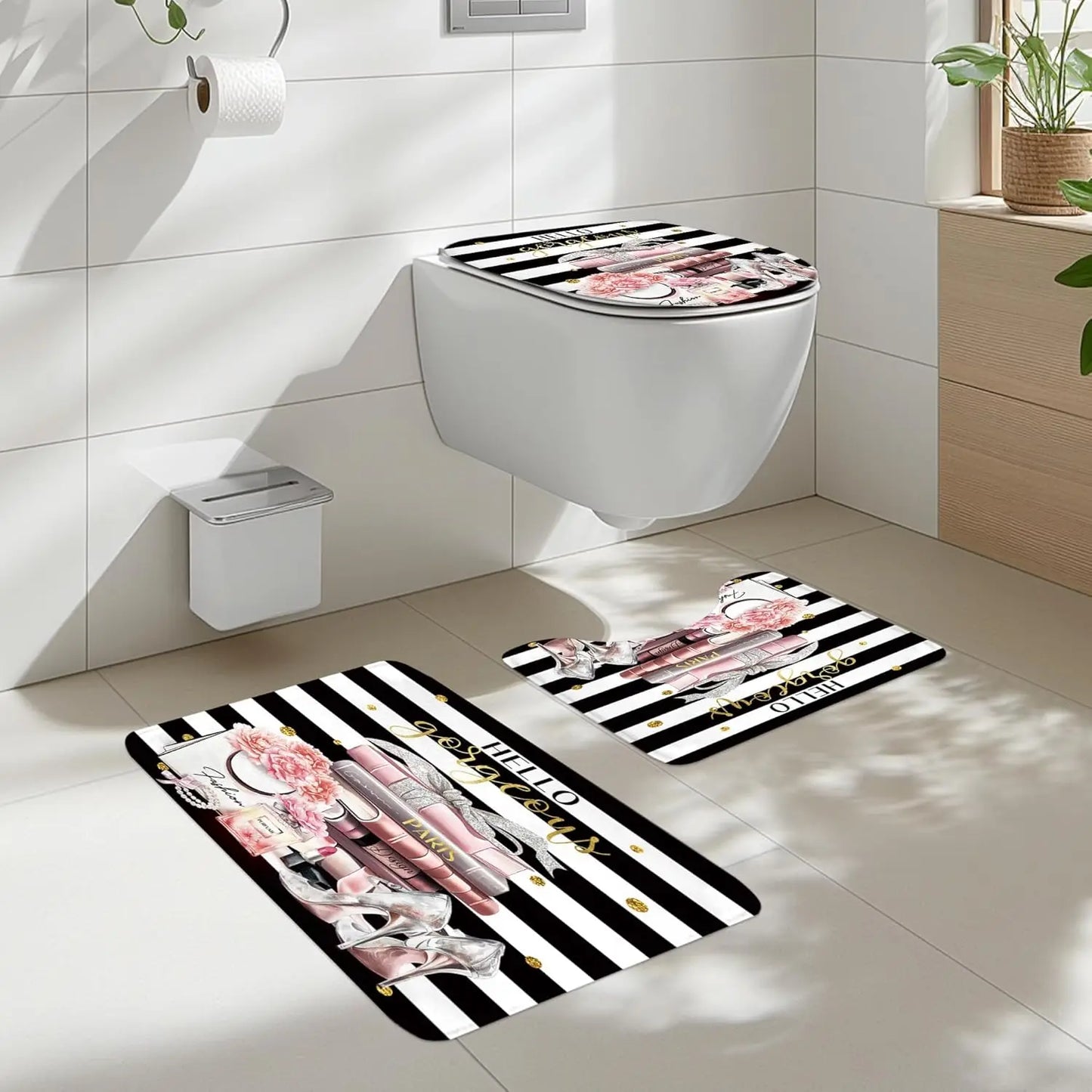 4Pc Pink & Black Girls Bathroom Set