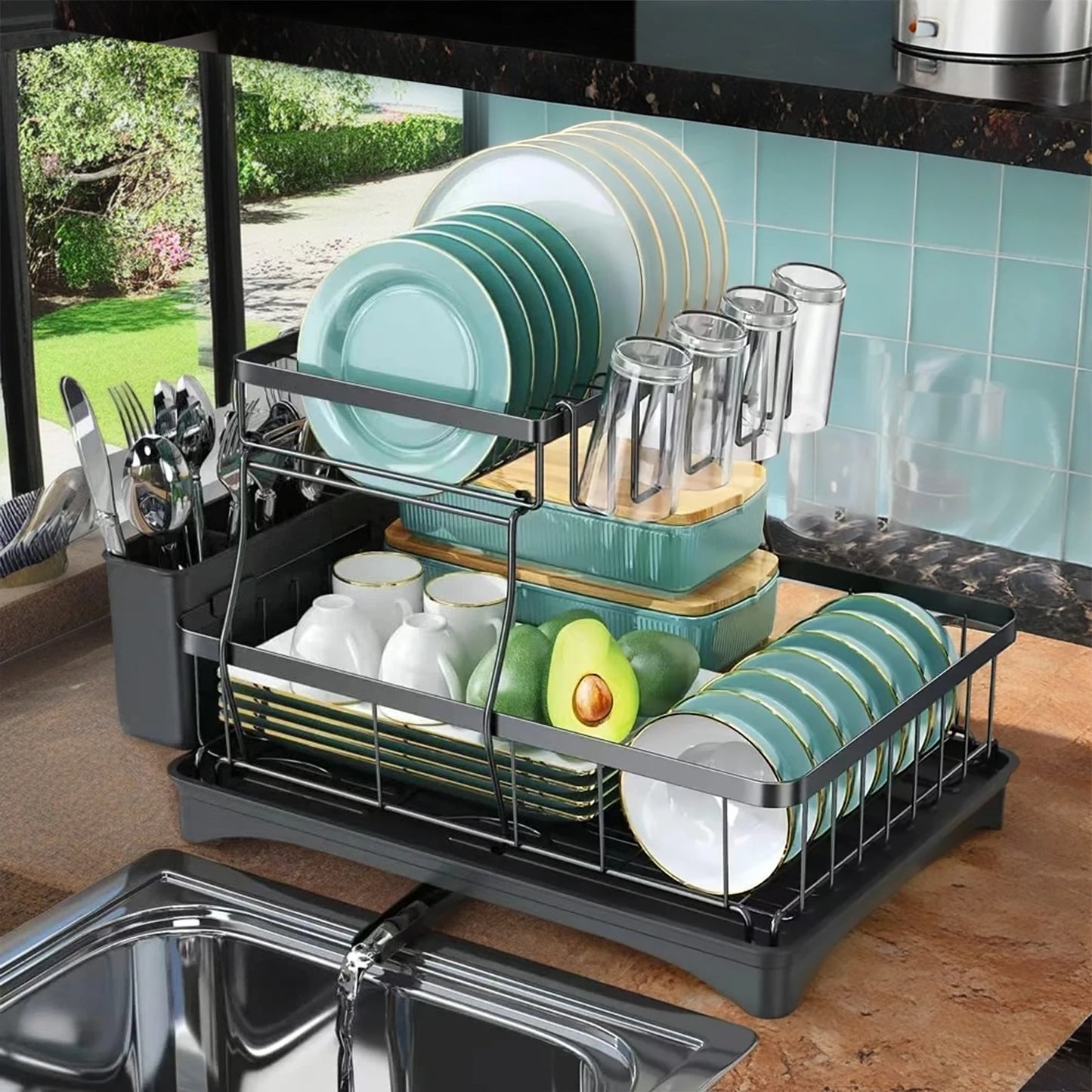 Large 2-tier dish drying rack for kitchen