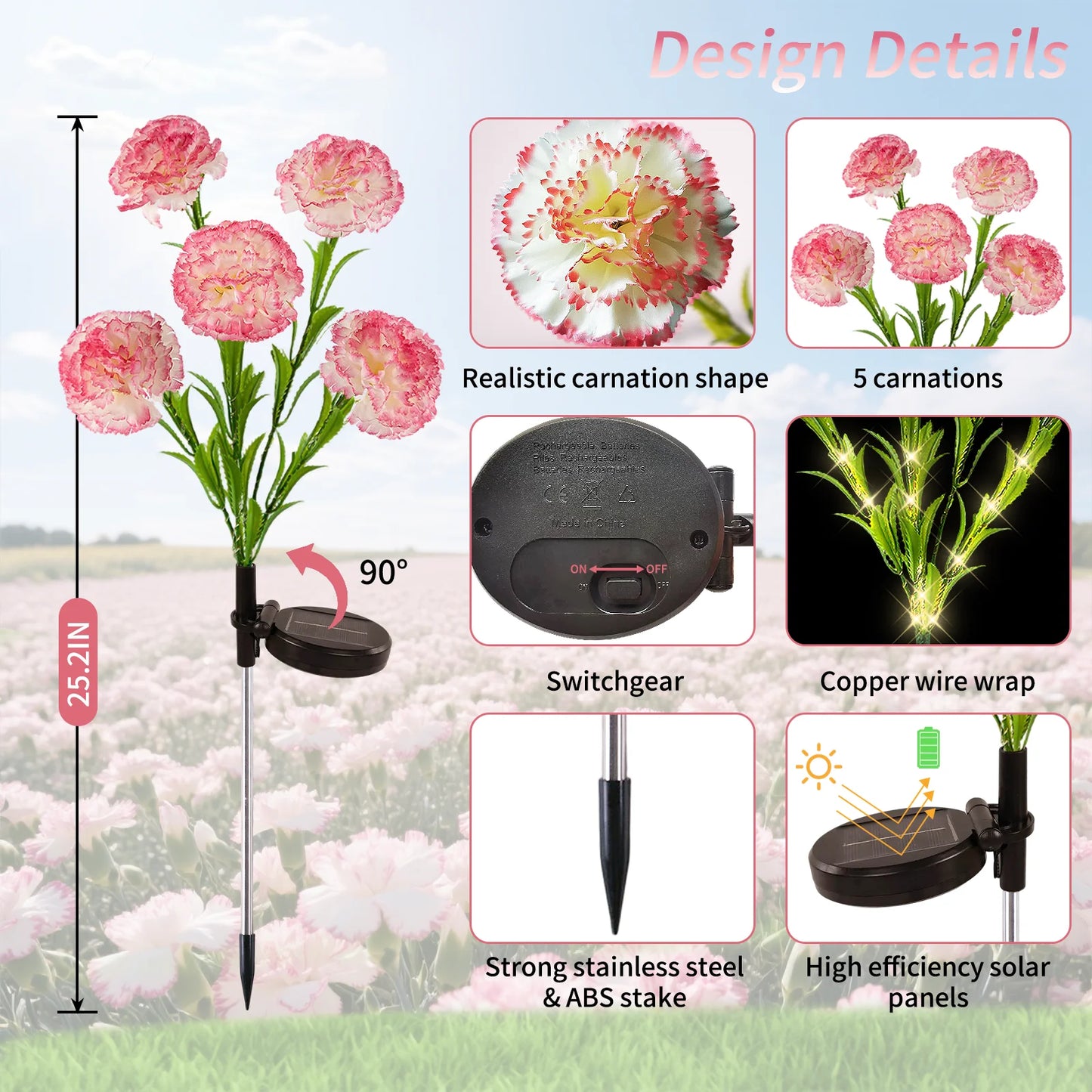 2pc Carnation Flower Solar Light