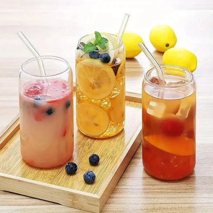 6pcs Drinking Glasses with Bamboo Lids and Glass Straw