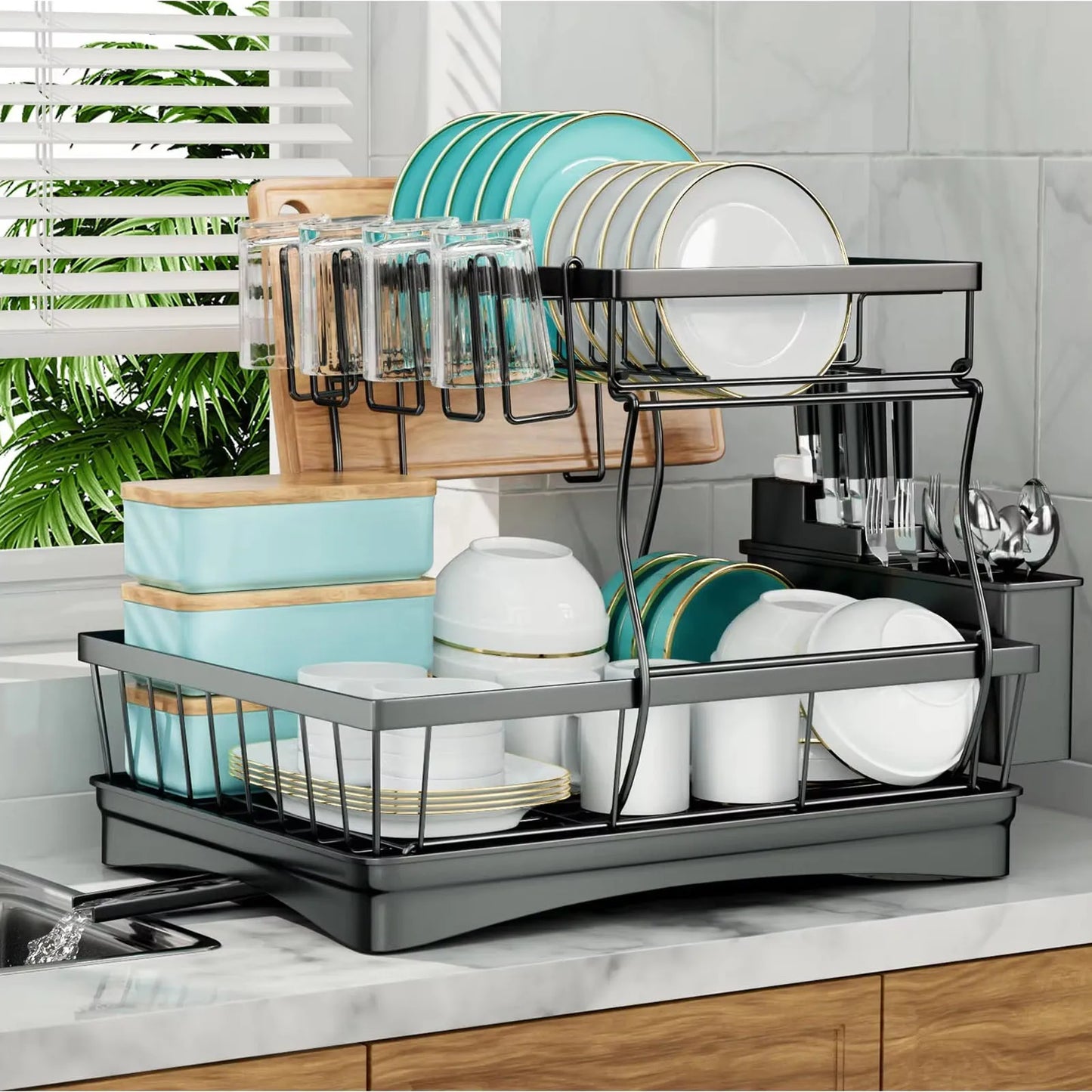 Large 2-tier dish drying rack for kitchen