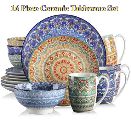 16 Pc Bohemian Mandala Patterned Ceramic Tableware Set