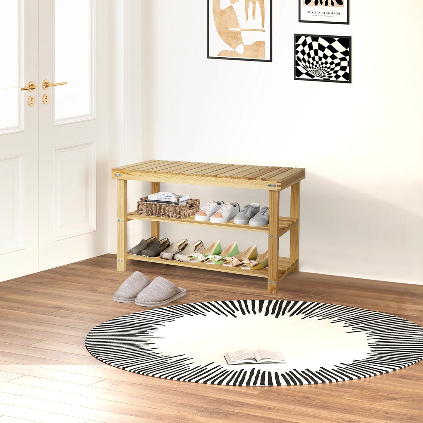3-Tier Wood Shoe Organizer,Bench