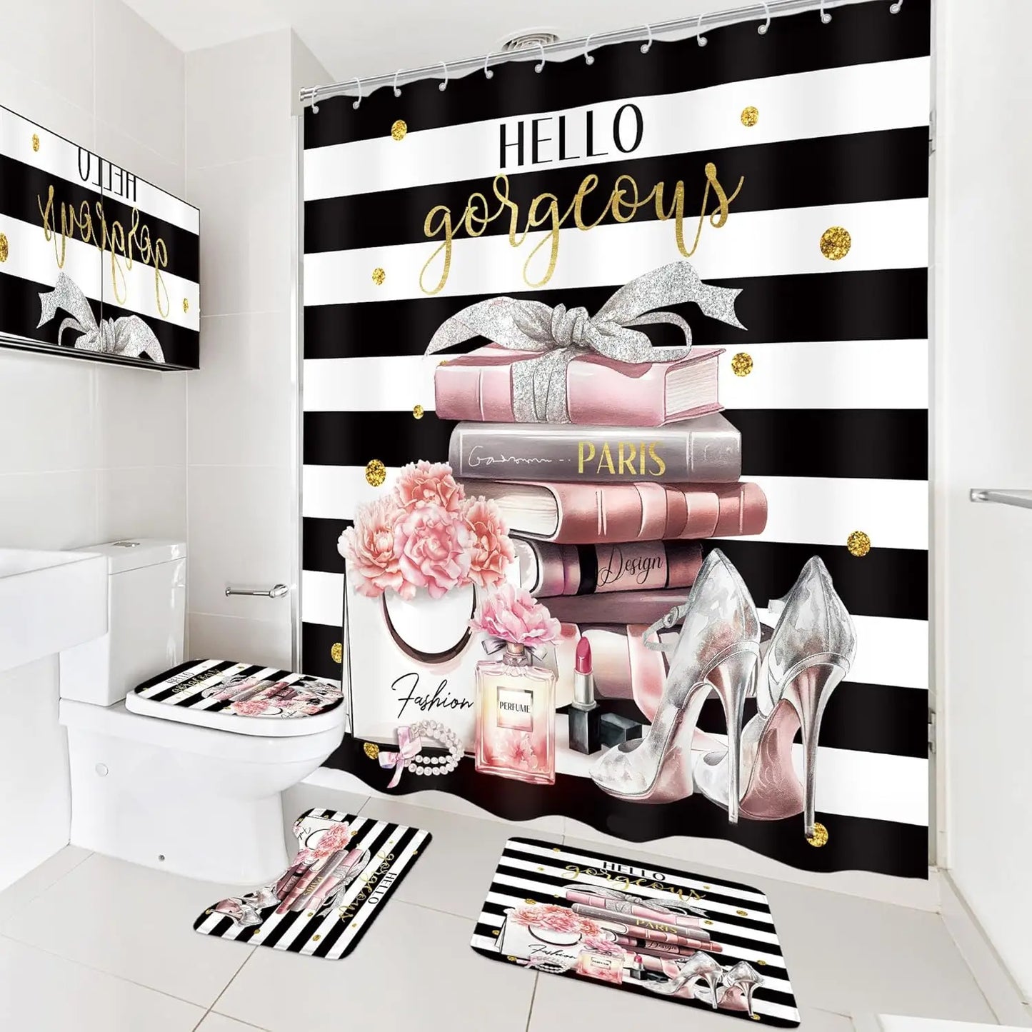 4Pc Pink & Black Girls Bathroom Set