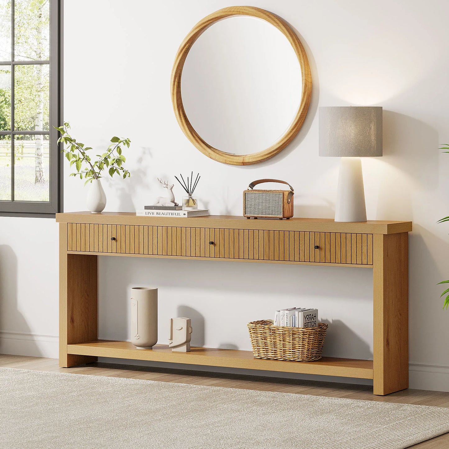 Oak Console Table with 3 Drawers