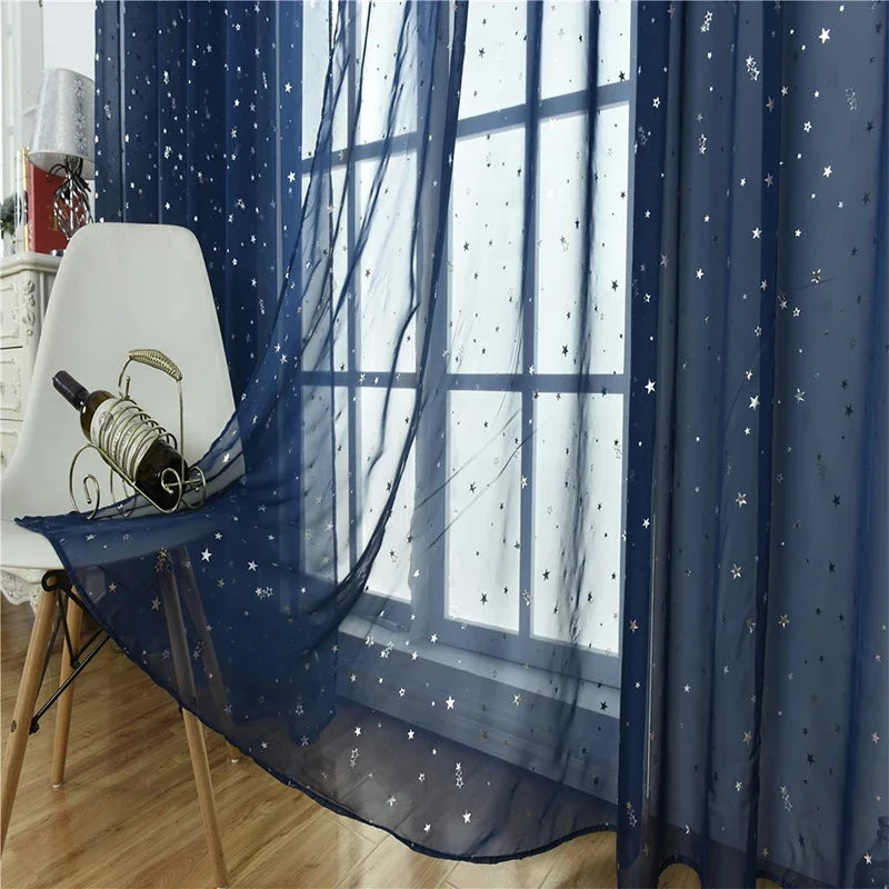 Hot Stamping Silver Stars Tulle Sheer Curtains