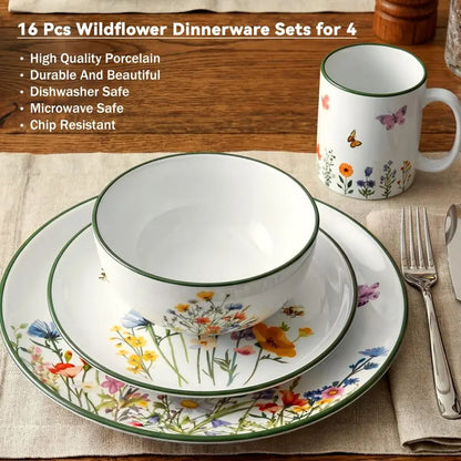 16 Pcs Wildflower Ceramic Dinnerware Set for 4
