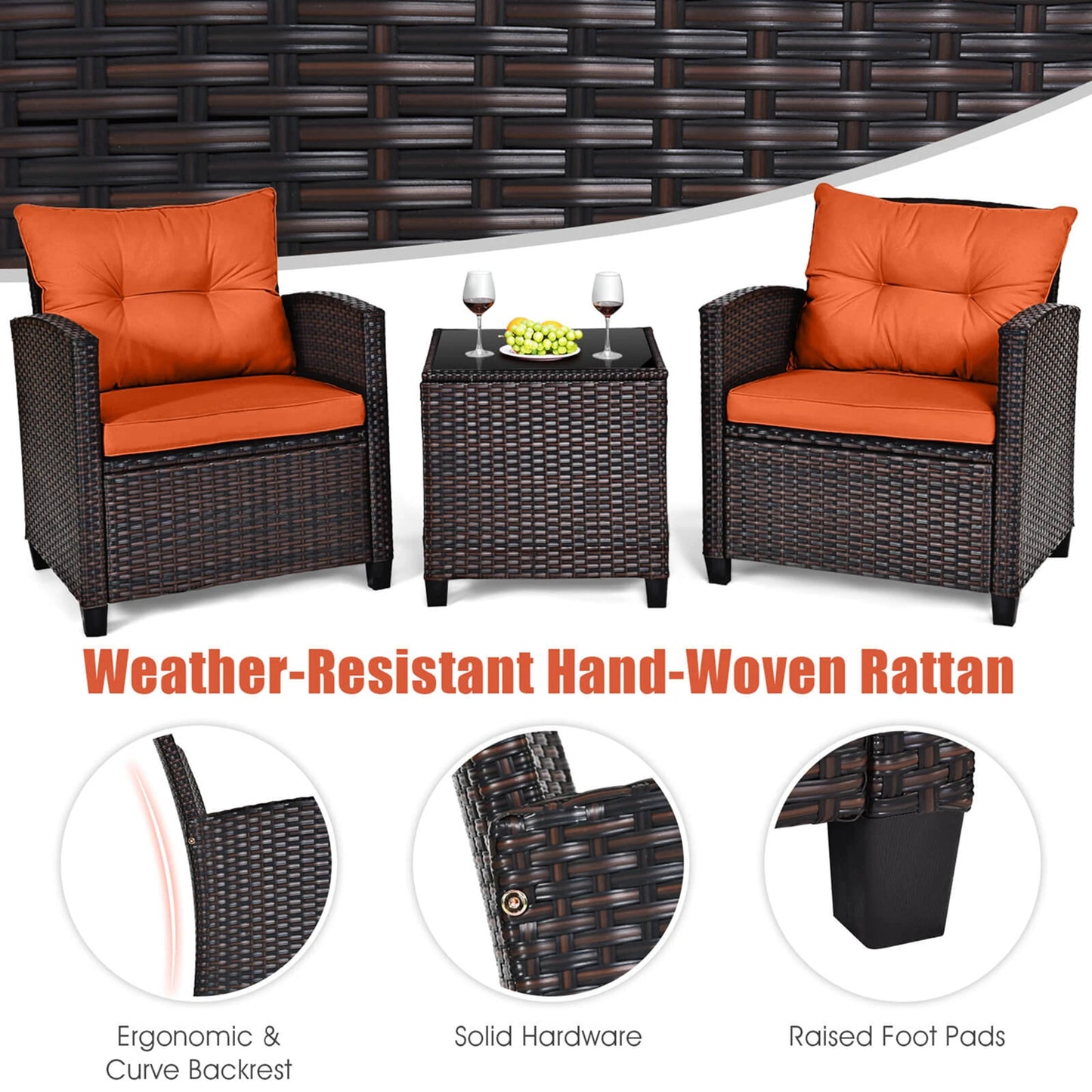 3 PC Patio Rattan Furniture Set