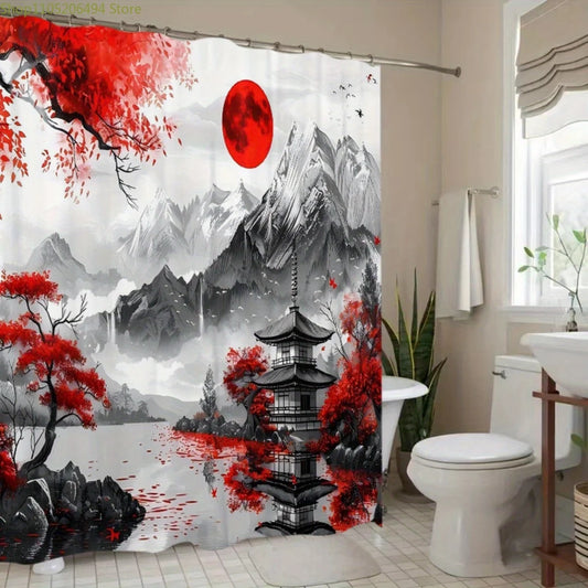 Japanese-Inspired Cherry Blossom & Mountain Landscape Shower Curtain