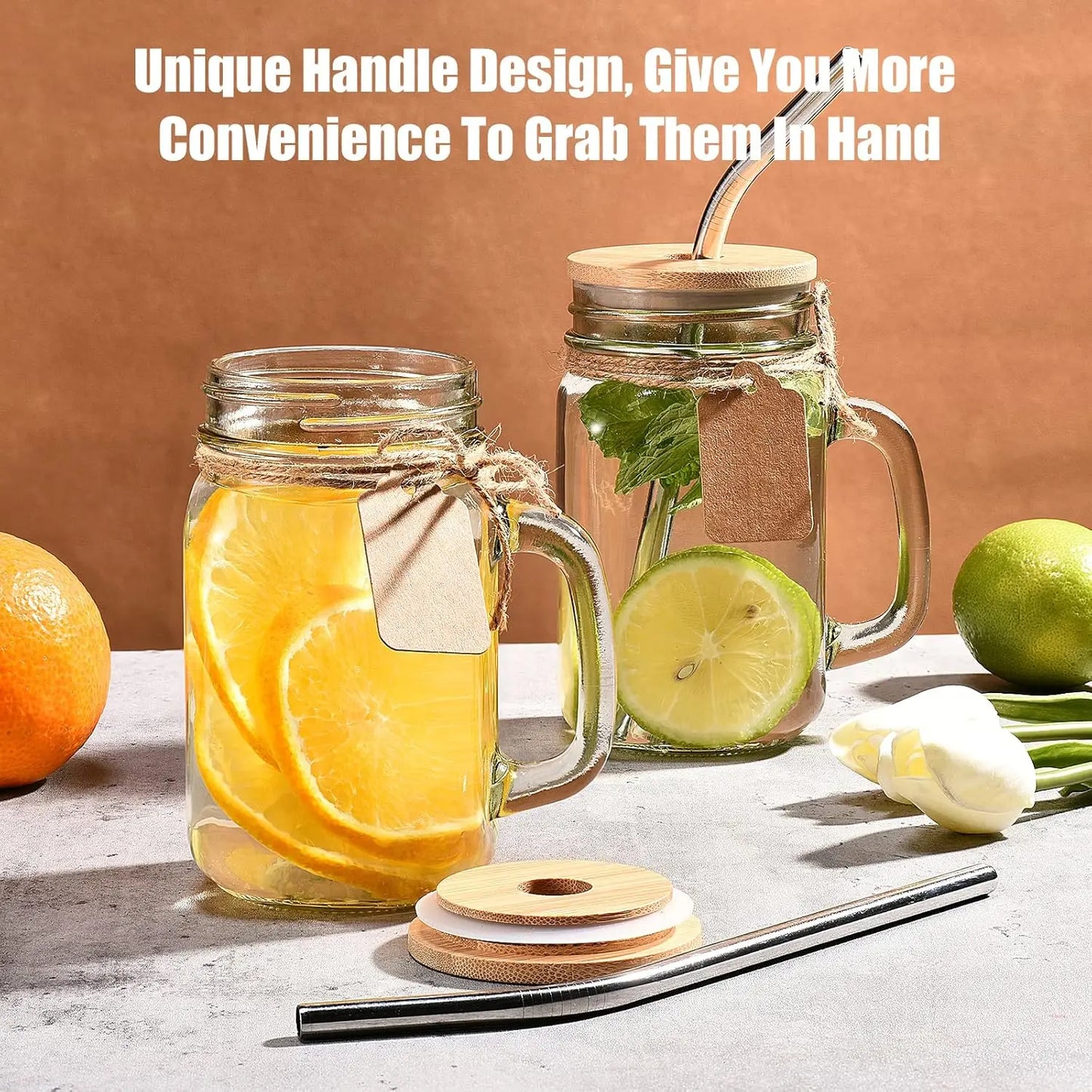 16 oz Mason Jars with Handle and Straws