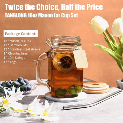 16 oz Mason Jars with Handle and Straws