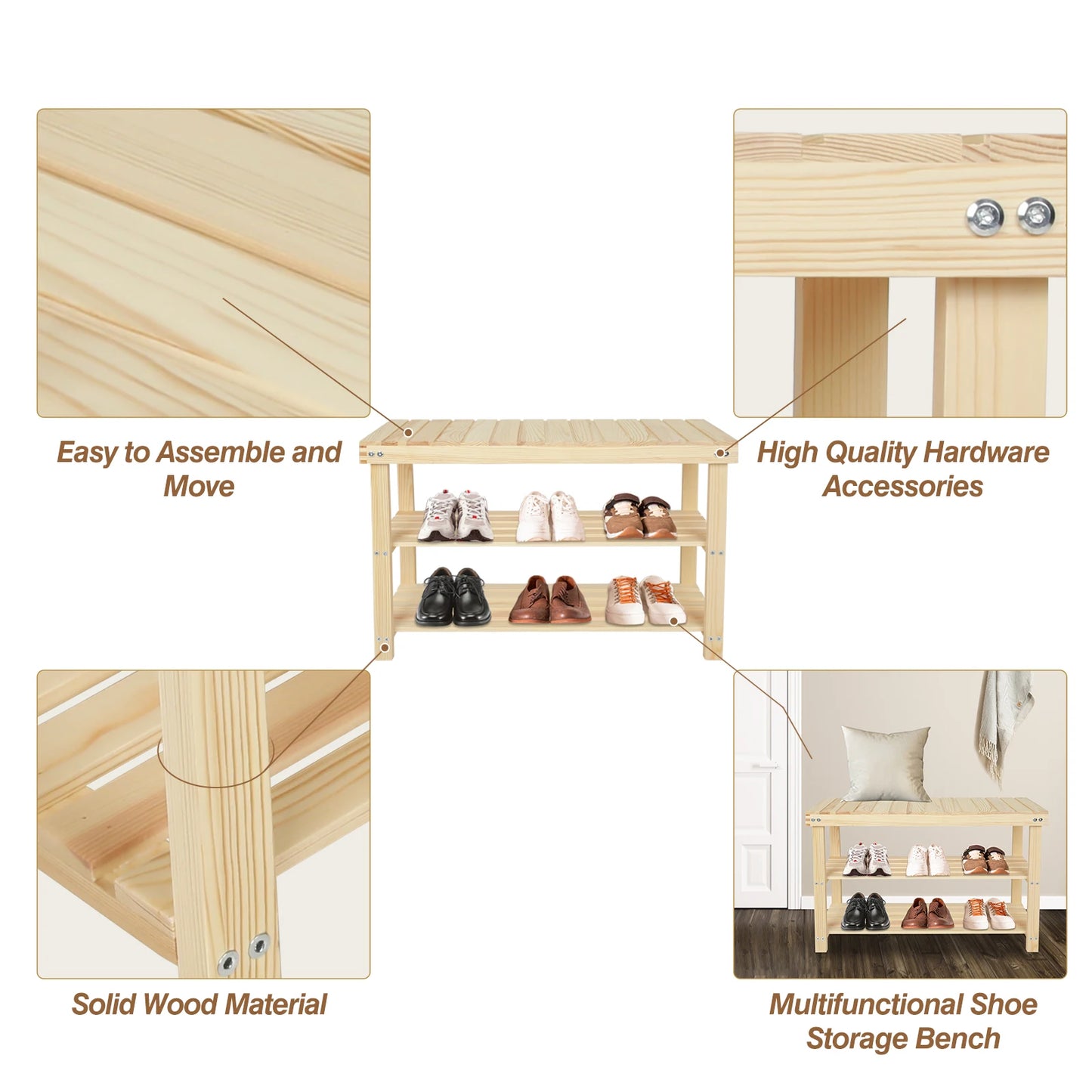 3-Tier Wood Shoe Organizer,Bench