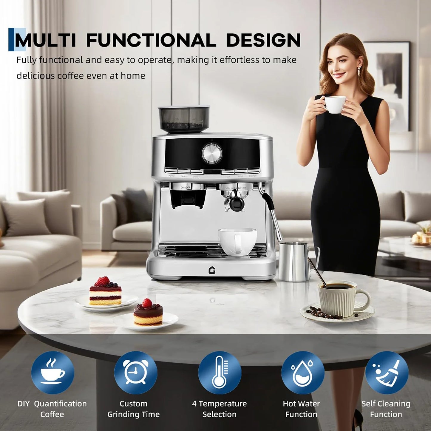 Stainless Steel Espresso Maker With Grinder