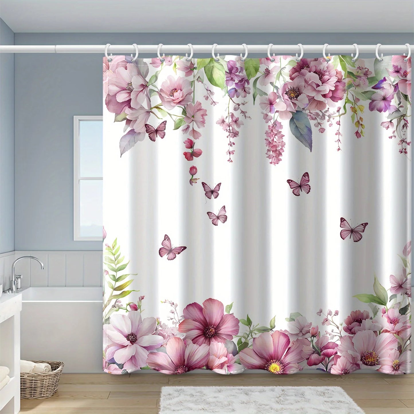 1pc butterfly pink floral print shower curtain,
